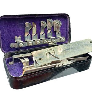 New Royal Antique Sewing Machine Attachments With Metal Box Purple Lining Vintag